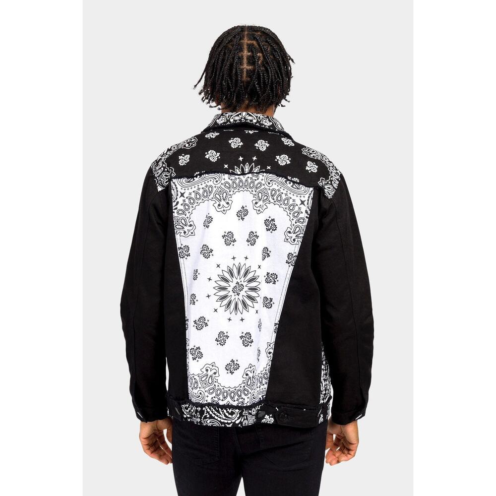 Victorious Colorblock Distressed Bandana Paisley Denim Button Jacket L - Picture 4 of 8